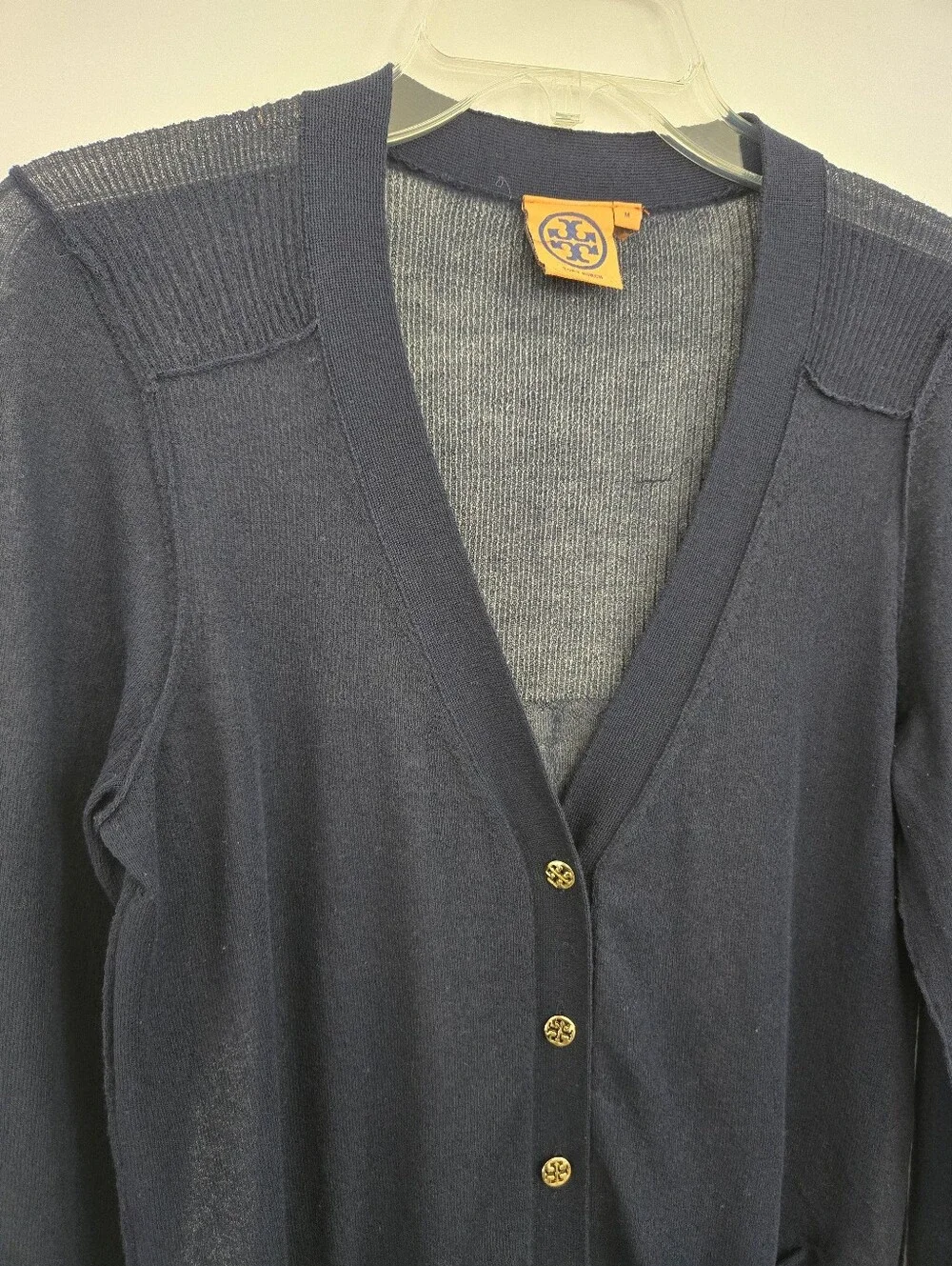 Tory Burch Simone sheer logo button cardigan. Size Medium.